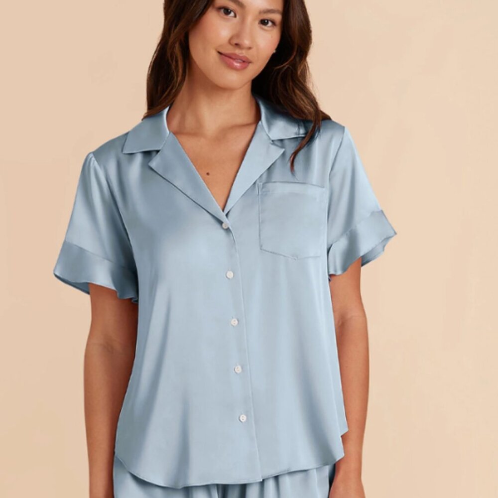 Birdy Grey Esther Short Sleeve Button Front Satin Pajama‎ Top in Dusty Blue XL
